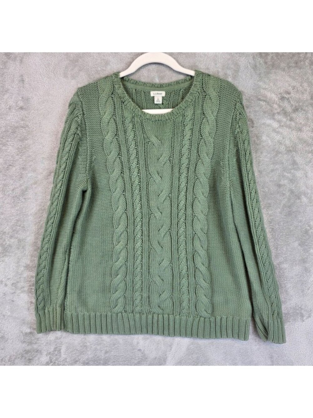 L.L.Bean Sweater Mens Large Green 100% Cotton Cable Knit Crewneck Pullover